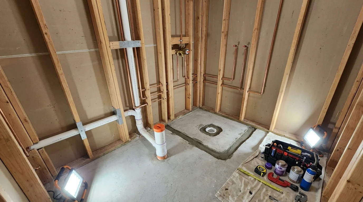Bathroom rough-in plumbing during remodel by Johns Plumbing LLC in Ball