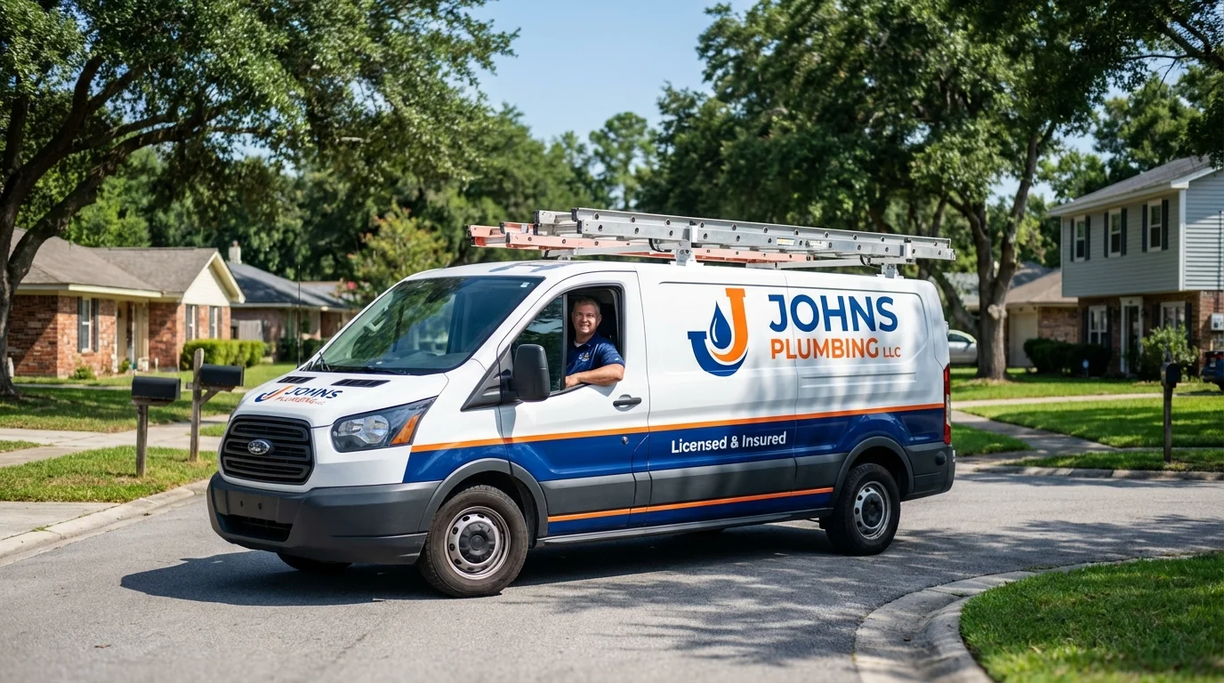 Johns Plumbing LLC service van in Ball, LA