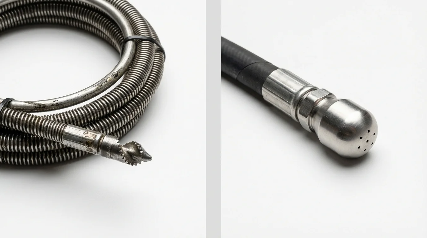 Drain snake cable and hydro jetting nozzle used for drain cleaning in Ball, LA