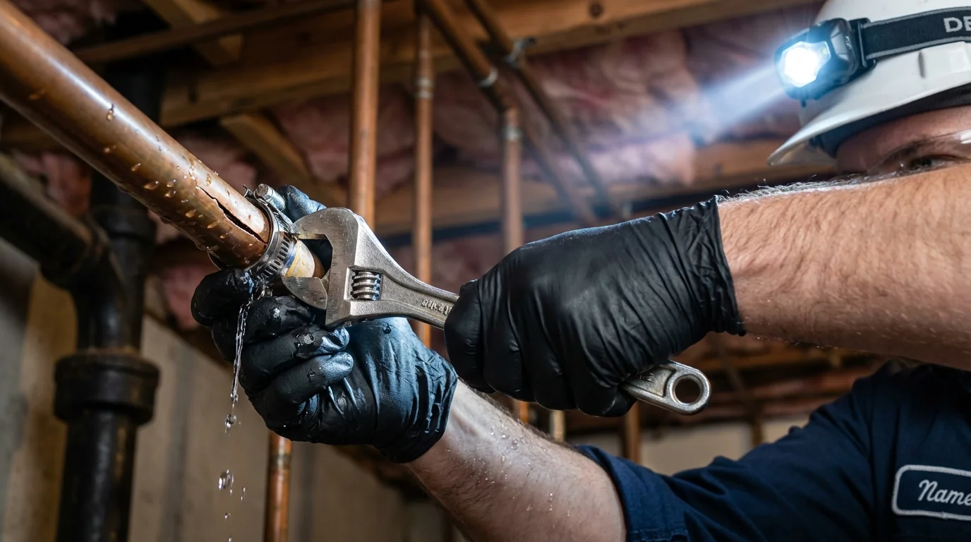 Emergency pipe clamp repair being performed by a Johns Plumbing LLC plumber in Ball