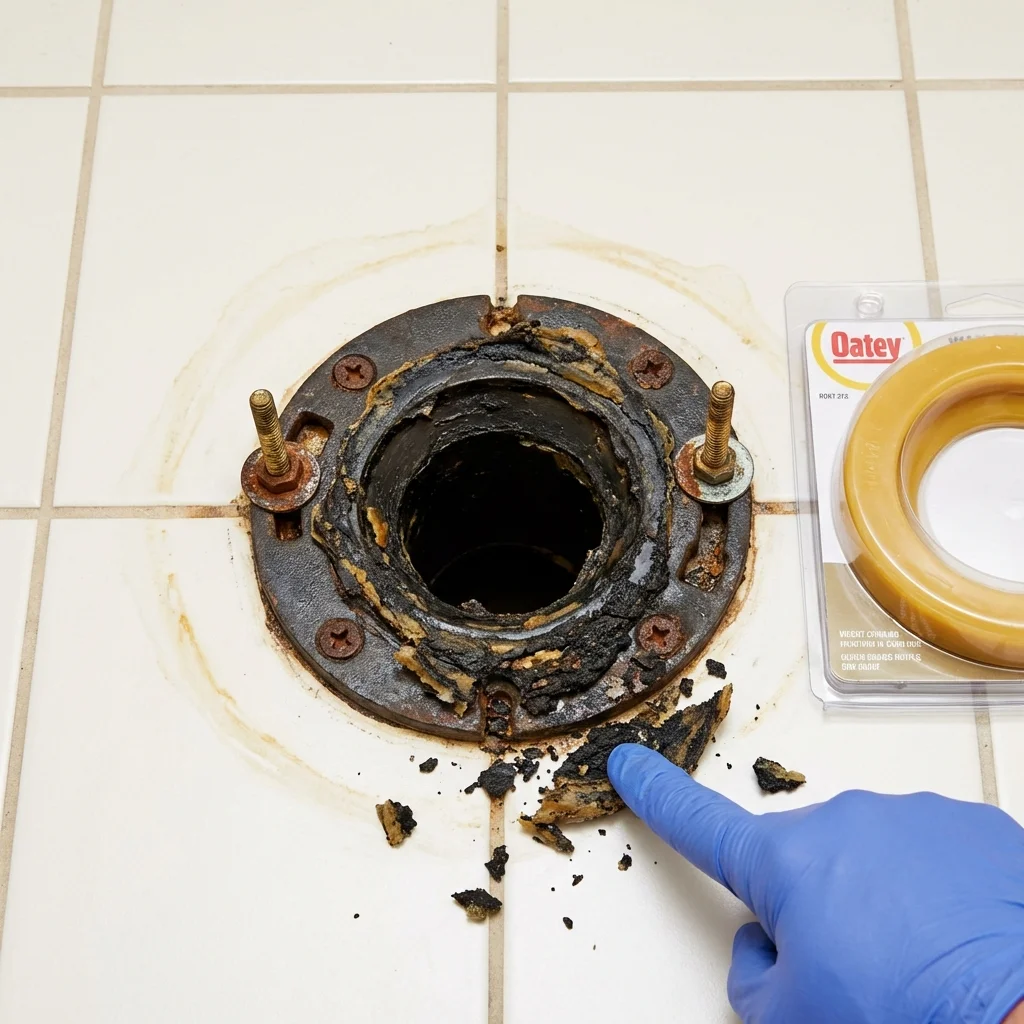 Failed wax ring showing water seepage at the base of a toilet in a Ball, LA home