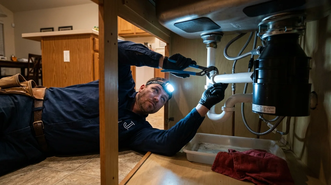 P-trap and supply line connections under a kitchen sink showing a common leak point in Ball, LA
